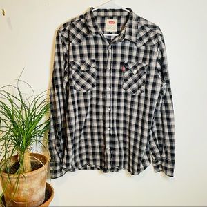 Levi Plaid Button Down with Snaps Black White and Gray Men’s Large
